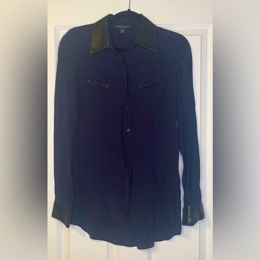 Insight - Faux Leather Trim Button Down Blouse - Size: XS